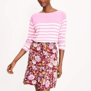 LOFT Floral Tiered Flippy Skirt Burgundy Pull On Elastic Waist Womens Medium